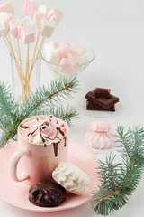 Hot chocolate with marshmallows on a white background.