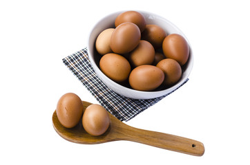 Egg chichen in ladle and bowl