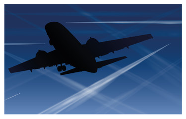 Airplanes and many contrails in the blue sky, as a symbol for air pollution. Vector illustration.