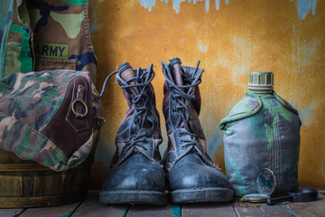 Equipment of soldiers on wooden