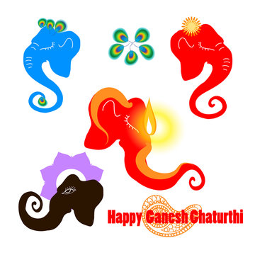 Ganesh silhouettes bright collection. Vector illustration. Decoration art. Design element. For Ganesha Chaturthi festival. 4 symbolic Ganesha hindy god heads. As icon. For web design.