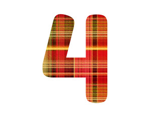 Number 4. Tartan plaid colored number font. Classic red, green and yellow tones. Isolated on white background.