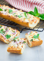 Barbecue chicken pizza baguette, selective focus