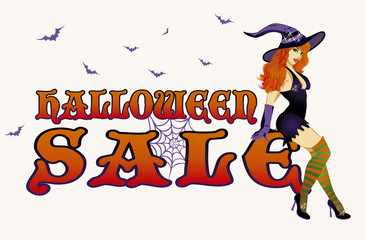 Halloween sale card, shopping witch, vector illustration