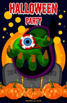 Poster, postcard for Halloween. The holiday,  witches hand, potion, magic, harvest pumpkins, human eye. Vector illustration for celebration. Banner, background for Halloween Party Night. 