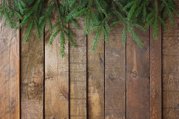 Background from boards with fir-tree branches from above