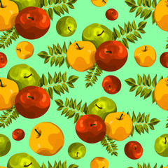 Stylish seamless pattern of leaves and apples. Fruit pattern. Apple harvest. Beautiful background for greeting cards, invitations, textiles, fabrics, wallpaper. Seamless vintage pattern of fruit.