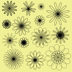 Black vector doodle flowers on the soft yellow background