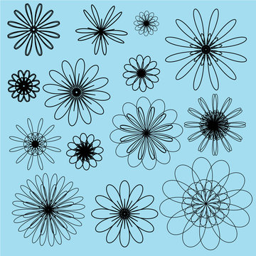 Black vector doodle flowers on the soft blue background