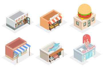 Vector shops and stores 3d isometric icons