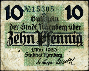 Historische Banknote, Notgeld, 1. Mai 1920, Zehn Pfennig, Deutschland