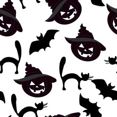 Hand drawn Halloween pattern with a Pumpkin, a Cat and a Bat. Use for cards, invitation, wallpapers, pattern fills, web pages elements and etc.