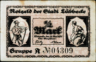 Obraz premium Historische Banknote, Notgeld, 14. Mai 1920, 1/2 Mark, Deutschland
