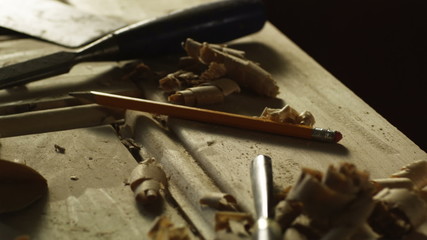carpenters tools lying on a workbench