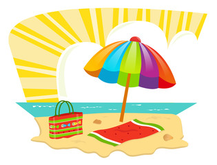Fototapeta na wymiar Beach Icon - A sandy beach with umbrella, towel and a tote bag. Eps10