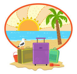 Vacation Icon - Cute vacation icon with suitcases on sand and a beach with palm tree in the background. Eps10