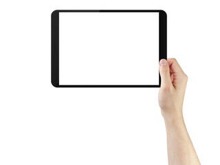 young man hands using tablet pc with blank screen