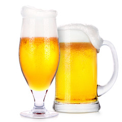Frosty glasses of light beer isolated 