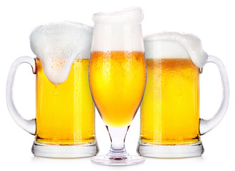 Frosty glasses of light beer isolated 