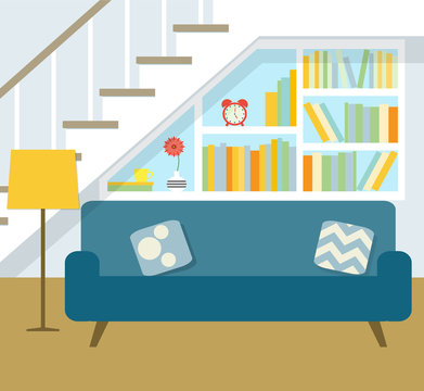 library under the stairs. flat vector illustration