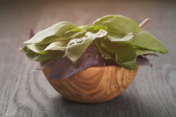 Fresh green and violet basil in wooden bowl on table