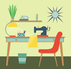 Workplace seamstress. Table and sewing machine. flat vector illustration