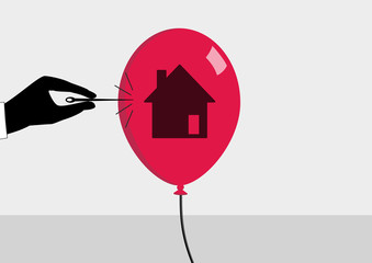 Real estate crisis and declining real estate prices concept. Vector illustration of hand and needle bursting a bubble or balloon with house symbol. - obrazy, fototapety, plakaty