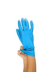 Blue rubber gloves on white background