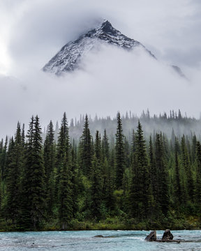 Mt Robson Peeks Through Clouds Over Robson River In Robson Provi