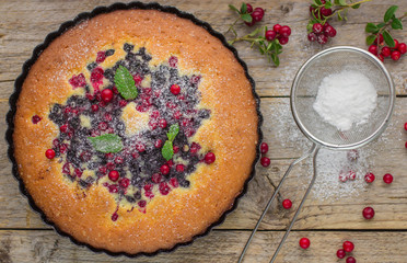 Sponge cake with berries - cranberries and blueberries
