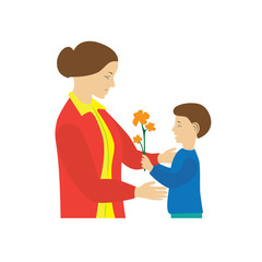 Son gives to mother flowers. Mother's Day.