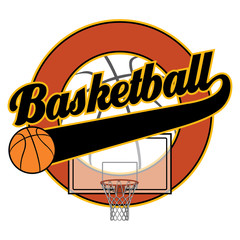Basketball With Tail Banner is an illustration of a basketball design with the word basketball, a basketball, a basketball backboard with net, a tail banner a circle element with space for text.