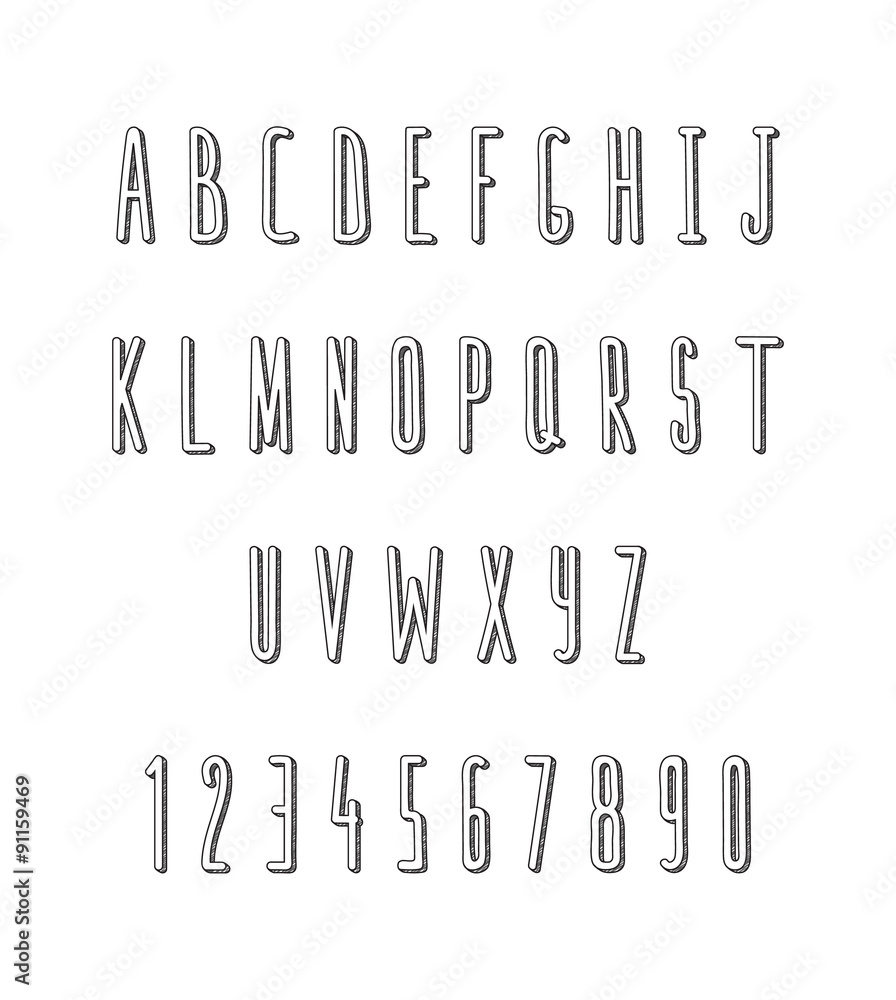 Poster volume set of letters and numbers, handmade. sketch font