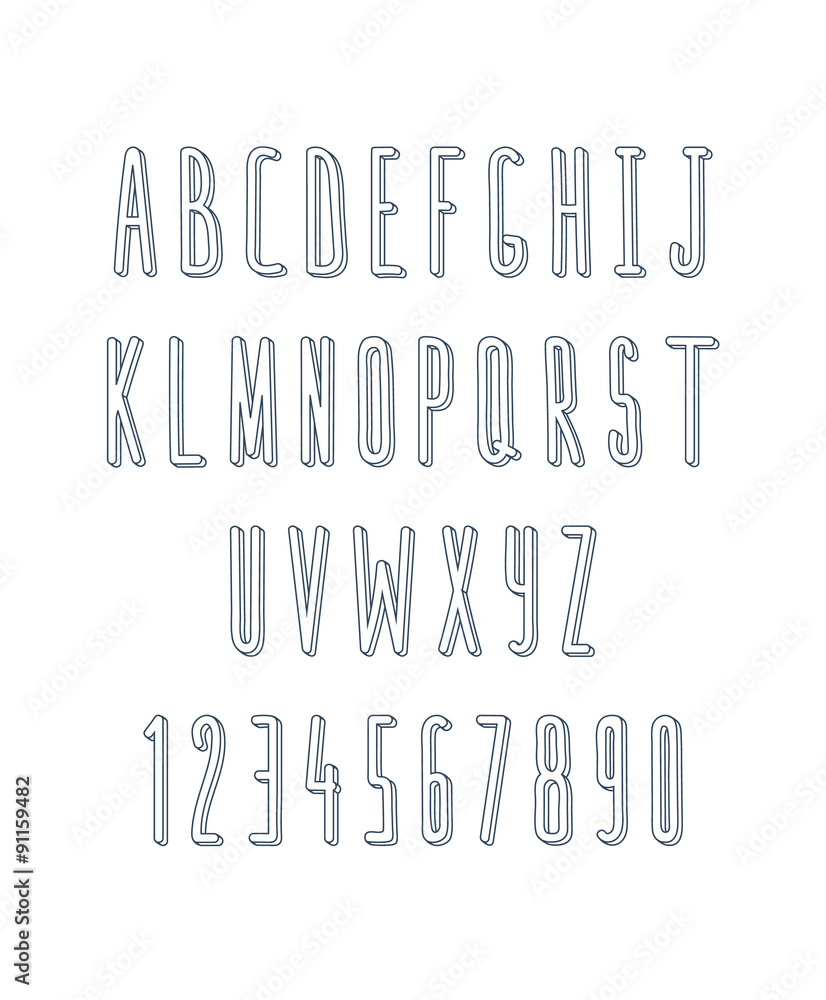Poster volume set of letters and numbers, handmade. sketch font