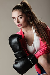 Seductive woman training. Boxing.