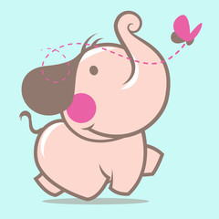 Cute toddler elephant walking with a butterfly