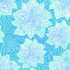 Blue and white ornate vector flowers pattern