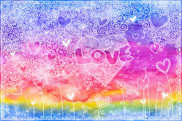 Watercolor hand painted background with hearts