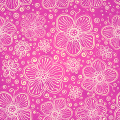 Vector doodle flowers pink seamless pattern