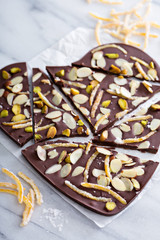 Almonds, orange peel and salt chocolate bark