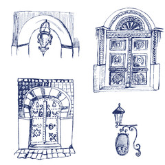 Set of doodle doors and old street lamps , vector EPS 8. Sketch illustration.