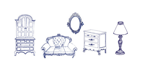 Hand-drawn vintage furniture collection. Doodle slyle. Vector illustration.