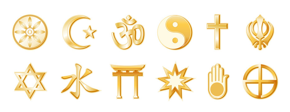 World Religions and Faiths: Top: Buddhism, Islam, Hindu, Taoism, Christianity, Sikh. Bottom: Judaism, Confucianism, Shinto, Baha'i, Jain, Native Spirituality. Gold icon symbols.  