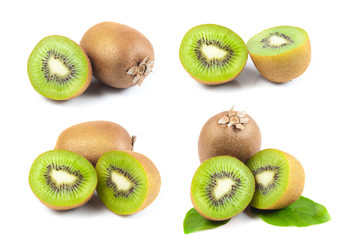 Fototapeta premium Juicy kiwi fruit and leaves isolated on white