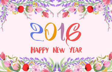 Happy new year 2016. Watercolor wildflowers background