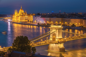 Aerial night view of Budapest, capital city of Hungary, from Buda site of city