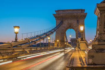 The Szechenyi Chain Bridge (Budapest, Hungary) in the sunrise