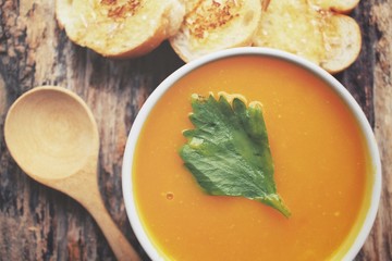 Pumpkin soup with garlic and herb bread