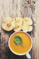 Pumpkin soup with garlic and herb bread