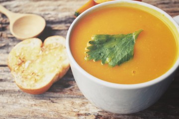 Pumpkin soup with garlic and herb bread